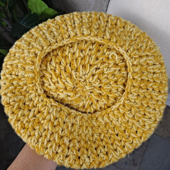 Yellow and White Crocheted Beret with PomPom Hat Cap Winter - Picture 5 of 6